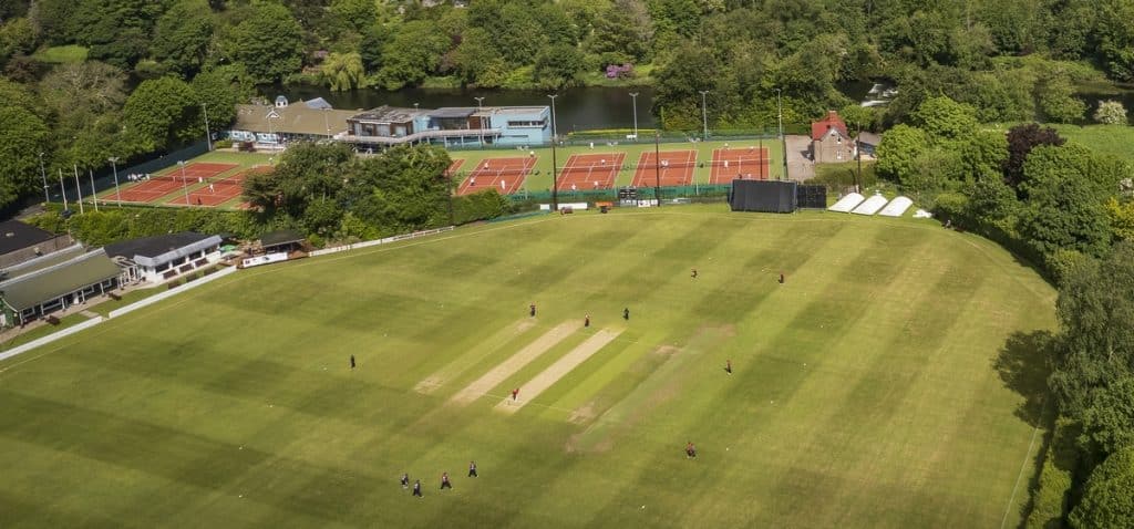 An aerial view of The Richard Beamish Grounds, Mardyke, Cork during the Cricket Ireland Inter-Provincial Cup game between Munster Reds and Northern Knights - 24/05/2022