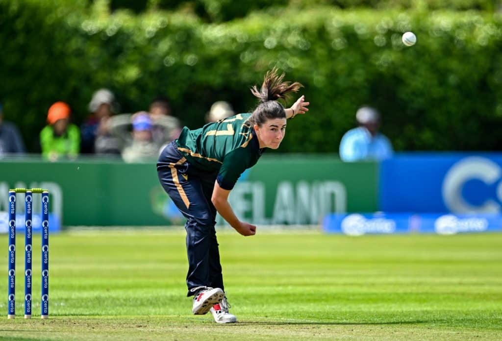 25 July 2023; Arlene Kelly of Ireland bowls during match two of the Certa Womens One Day International Challenge between Ireland and Australia at Castle Avenue in Dublin. Photo by Sam Barnes/Sportsfile