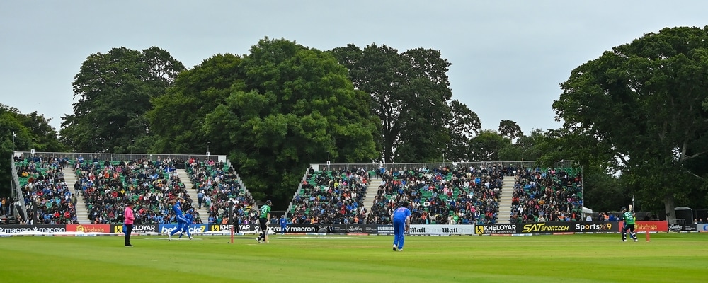 18 August 2023; A general view of action during match one of the Men's T20 International series between Ireland and India at Malahide Cricket Ground in Dublin. Photo by Seb Daly/Sportsfile