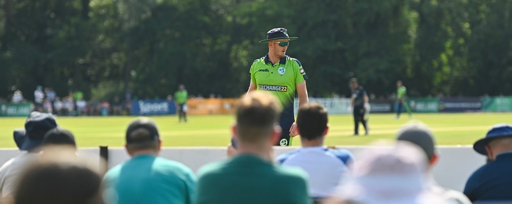 18 July 2022; Mark Adair of Ireland during the Men's T20 International match between Ireland and New Zealand at Stormont in Belfast. Photo by Ramsey Cardy/Sportsfile