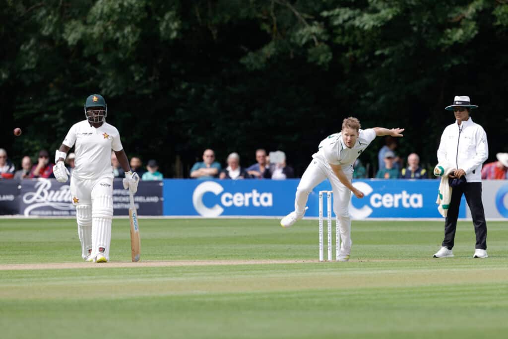 Barry McCarthy bowls in Belfast Test