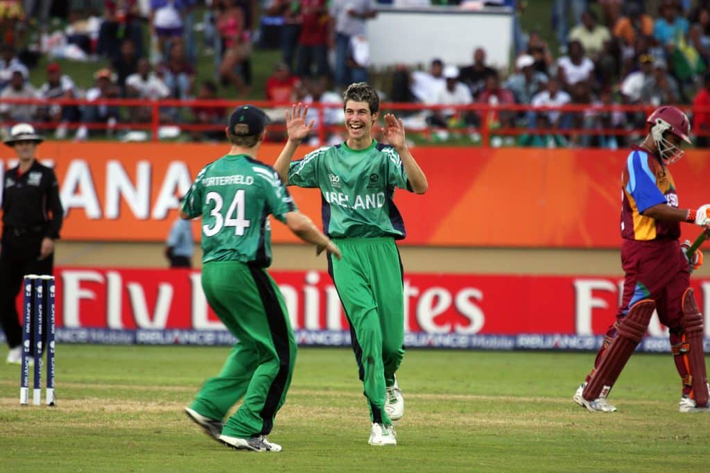 George Dockrell celebrates taking the wicket of Ramnaresh Sarwan in Ireland's match against West Indies at the ICC T20 World Cup 2010
