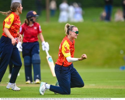 01 May 2023; Gaby Lewis of Scorchers celebrates after Jamie-Lee Strang of Dragons was run out during the Evoke T20 Super Series 2023 match between Scorchers and Dragons at Malahide Cricket Club in Dublin. Photo by David Fitzgerald/Sportsfile