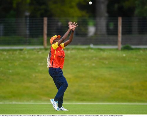 01 May 2023; Mary-Ann Musonda of Scorchers catches out Abbi Harrison of Dragons during the Evoke T20 Super Series 2023 match between Scorchers and Dragons at Malahide Cricket Club in Dublin. Photo by David Fitzgerald/Sportsfile