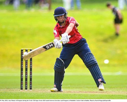 01 May 2023; Amy Hunter of Dragons during the Evoke T20 Super Series 2023 match between Scorchers and Dragons at Malahide Cricket Club in Dublin. Photo by David Fitzgerald/Sportsfile