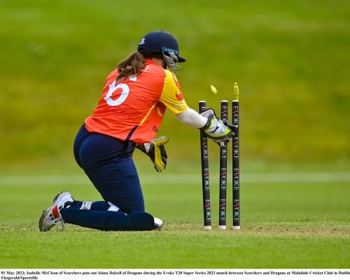 01 May 2023; Isabelle McClean of Scorchers puts out Alana Dalzell of Dragons during the Evoke T20 Super Series 2023 match between Scorchers and Dragons at Malahide Cricket Club in Dublin. Photo by David Fitzgerald/Sportsfile
