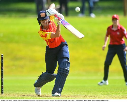 01 May 2023; Gaby Lewis of Scorchers during the Evoke T20 Super Series 2023 match between Scorchers and Dragons at Malahide Cricket Club in Dublin. Photo by David Fitzgerald/Sportsfile