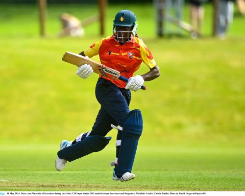 01 May 2023; Mary-Ann Musonda of Scorchers during the Evoke T20 Super Series 2023 match between Scorchers and Dragons at Malahide Cricket Club in Dublin. Photo by David Fitzgerald/Sportsfile