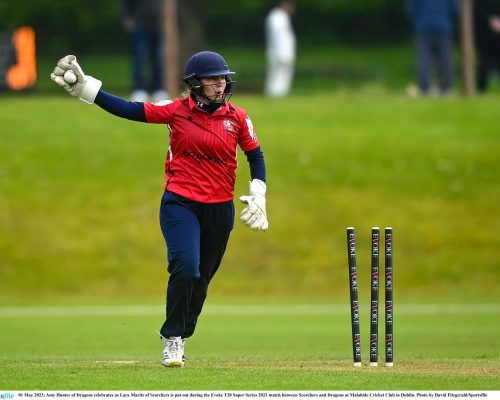 01 May 2023; Amy Hunter of Dragons celebrates as Lara Maritz of Scorchers is put out during the Evoke T20 Super Series 2023 match between Scorchers and Dragons at Malahide Cricket Club in Dublin. Photo by David Fitzgerald/Sportsfile