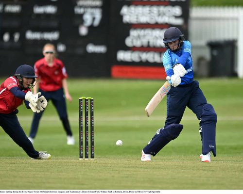7 May 2023; Robyn Searle of Typhoons batting during the Evoke Super Series 2023 match between Dragons and Typhoons at Lisburn Cricket Club, Wallace Park in Lisburn, Down. Photo by Oliver McVeigh/Sportsfile