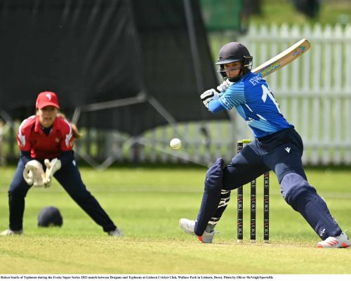 7 May 2023; Robyn Searle of Typhoons during the Evoke Super Series 2023 match between Dragons and Typhoons at Lisburn Cricket Club, Wallace Park in Lisburn, Down. Photo by Oliver McVeigh/Sportsfile