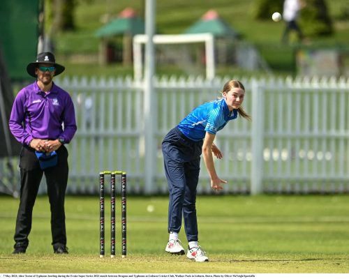 7 May 2023; Alice Tector of Typhoons bowling during the Evoke Super Series 2023 match between Dragons and Typhoons at Lisburn Cricket Club, Wallace Park in Lisburn, Down. Photo by Oliver McVeigh/Sportsfile