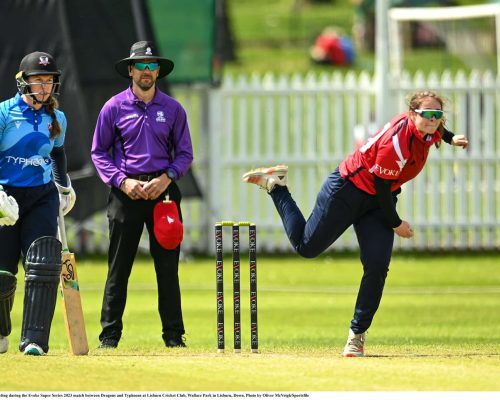 7 May 2023; Cara Murray of Dragons bowling during the Evoke Super Series 2023 match between Dragons and Typhoons at Lisburn Cricket Club, Wallace Park in Lisburn, Down. Photo by Oliver McVeigh/Sportsfile