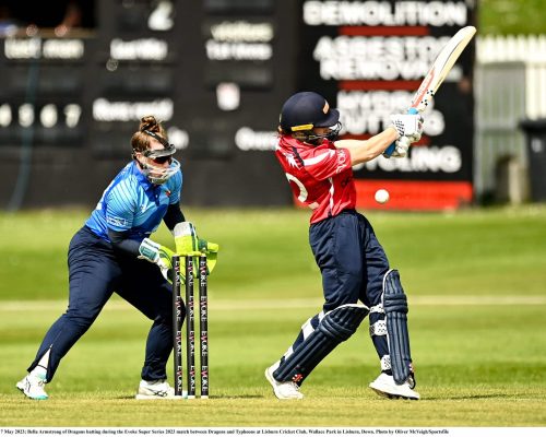 7 May 2023; Bella Armstrong of Dragons batting during the Evoke Super Series 2023 match between Dragons and Typhoons at Lisburn Cricket Club, Wallace Park in Lisburn, Down. Photo by Oliver McVeigh/Sportsfile