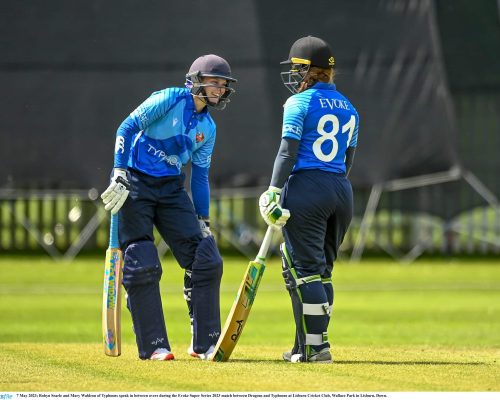 7 May 2023; Robyn Searle and Mary Waldron of Typhoons speak in between overs during the Evoke Super Series 2023 match between Dragons and Typhoons at Lisburn Cricket Club, Wallace Park in Lisburn, Down.