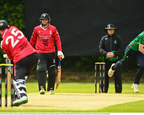 15 May 2023; Trent McKeegan of North West Warriors delivers to Murray Commins of Munster Reds during the Cricket Ireland Inter-Provincial Series match between Munster Reds and North West Warriors at The Mardyke in Cork. Photo by Eóin Noonan/Sportsfile