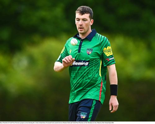 15 May 2023; Ryan Macbeth of North West Warriors prepares to bowl during the Cricket Ireland Inter-Provincial Series match between Munster Reds and North West Warriors at The Mardyke in Cork. Photo by Eóin Noonan/Sportsfile