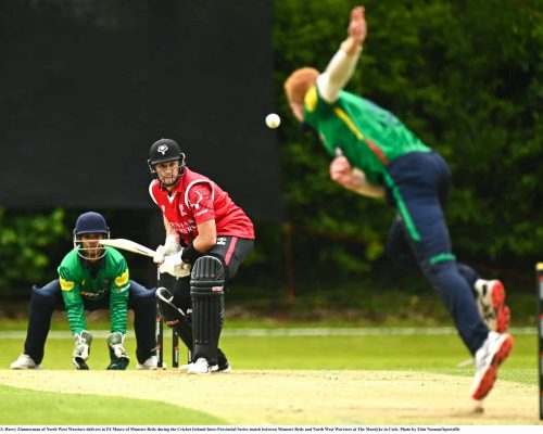 15 May 2023; Harry Zimmerman of North West Warriors delivers to PJ Moore of Munster Reds during the Cricket Ireland Inter-Provincial Series match between Munster Reds and North West Warriors at The Mardyke in Cork. Photo by Eóin Noonan/Sportsfile