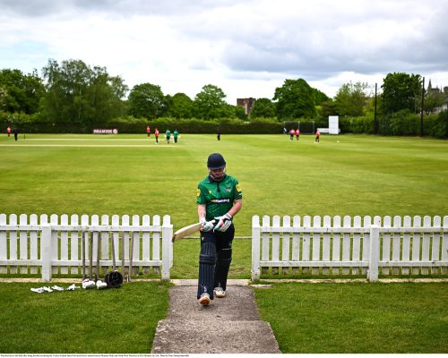 15 May 2023; Nathan McGuire of North West Warriors leaves the field after being bowled out during the Cricket Ireland Inter-Provincial Series match between Munster Reds and North West Warriors at The Mardyke in Cork. Photo by Eóin Noonan/Sportsfile