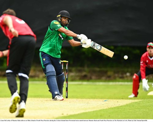 15 May 2023; Liam McCarthy of Munster Reds delivers to Mike Erlank of North West Warriors during the Cricket Ireland Inter-Provincial Series match between Munster Reds and North West Warriors at The Mardyke in Cork. Photo by Eóin Noonan/Sportsfile