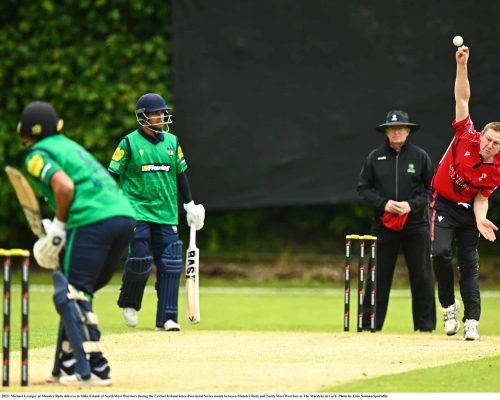 15 May 2023; Michael Granger of Munster Reds delivers to Mike Erlank of North West Warriors during the Cricket Ireland Inter-Provincial Series match between Munster Reds and North West Warriors at The Mardyke in Cork. Photo by Eóin Noonan/Sportsfile