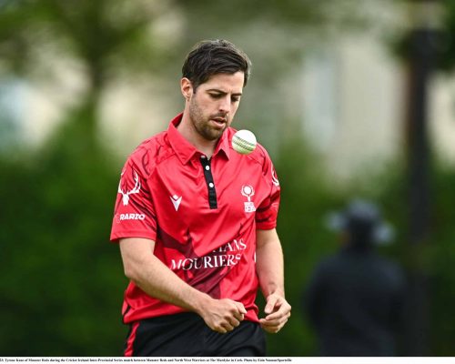 15 May 2023; Tyrone Kane of Munster Reds during the Cricket Ireland Inter-Provincial Series match between Munster Reds and North West Warriors at The Mardyke in Cork. Photo by Eóin Noonan/Sportsfile