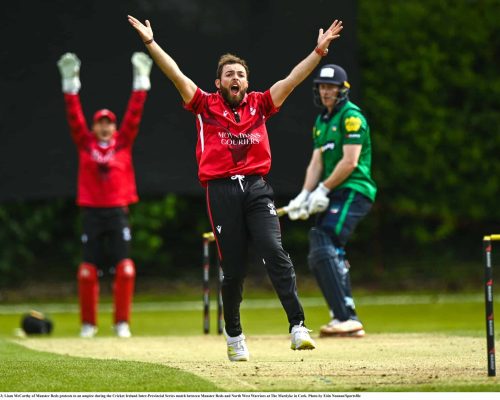 15 May 2023; Liam McCarthy of Munster Reds protests to an umpire during the Cricket Ireland Inter-Provincial Series match between Munster Reds and North West Warriors at The Mardyke in Cork. Photo by Eóin Noonan/Sportsfile
