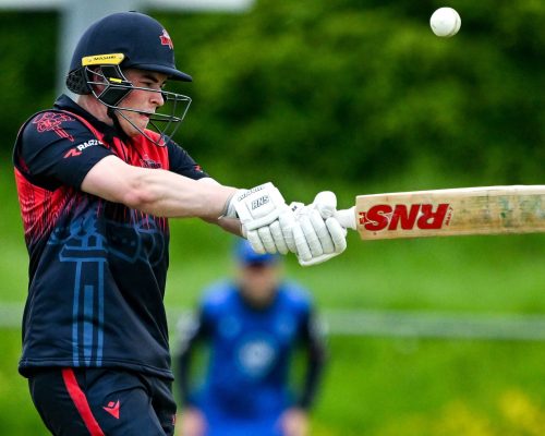 16 May 2023; Neil Rock of Northern Knights hits a six during the CI Inter-Provincial Series 2023 match between Leinster Lightning and Northern Knights at Pembroke Cricket Club in Dublin. Photo by Brendan Moran/Sportsfile *** NO REPRODUCTION FEE ***