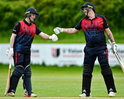16 May 2023; Neil Rock, left, and Tyron Koen of Northern Knights celebrate a run during the CI Inter-Provincial Series 2023 match between Leinster Lightning and Northern Knights at Pembroke Cricket Club in Dublin. Photo by Brendan Moran/Sportsfile *** NO REPRODUCTION FEE ***