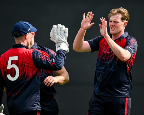 16 May 2023; Matthew Foster of Northern Knights, right, celebrates with teammates after taking the wicket of Adam Rosslee of Leinster Lightning during the CI Inter-Provincial Series 2023 match between Leinster Lightning and Northern Knights at Pembroke Cricket Club in Dublin. Photo by Brendan Moran/Sportsfile *** NO REPRODUCTION FEE ***