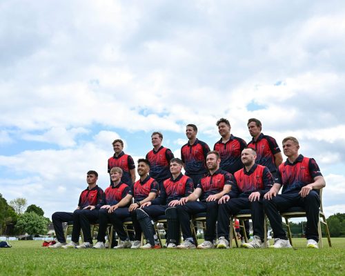 16 May 2023; The Northern Knights team sit for a team photograph during a break in play in the CI Inter-Provincial Series 2023 match between Leinster Lightning and Northern Knights at Pembroke Cricket Club in Dublin. Photo by Brendan Moran/Sportsfile *** NO REPRODUCTION FEE ***