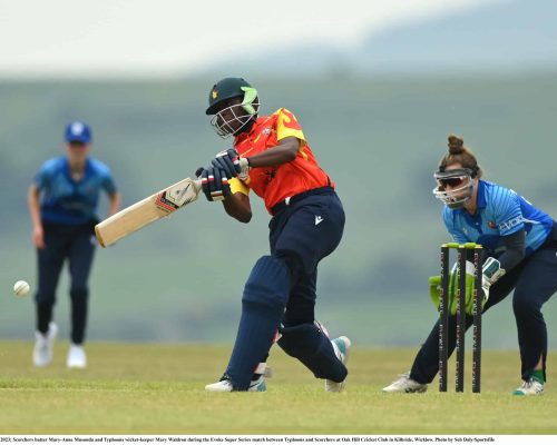 21 May 2023; Scorchers batter Mary-Anne Musonda and Typhoons wicket-keeper Mary Waldron during the Evoke Super Series match between Typhoons and Scorchers at Oak Hill Cricket Club in Kilbride, Wicklow. Photo by Seb Daly/Sportsfile
