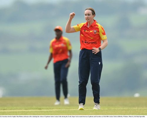 21 May 2023; Scorchers bowler Sophie MacMahon celebrates after claiming the wicket of Typhoons batter Louise Little during the Evoke Super Series match between Typhoons and Scorchers at Oak Hill Cricket Club in Kilbride, Wicklow. Photo by Seb Daly/Sportsfile