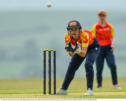 21 May 2023; Scorchers wicket-keeper Polly Inglis during the Evoke Super Series match between Typhoons and Scorchers at Oak Hill Cricket Club in Kilbride, Wicklow. Photo by Seb Daly/Sportsfile