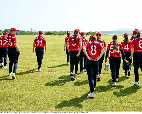 21 May 2023; Dragons players before the Evoke Super Series match between Dragons and Typhoons at Oak Hill Cricket Club in Kilbride, Wicklow. Photo by Seb Daly/Sportsfile
