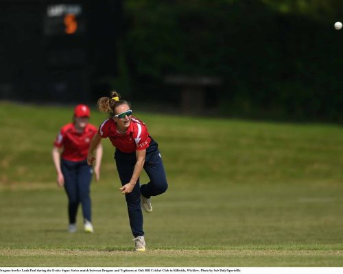 21 May 2023; Dragons bowler Leah Paul during the Evoke Super Series match between Dragons and Typhoons at Oak Hill Cricket Club in Kilbride, Wicklow. Photo by Seb Daly/Sportsfile