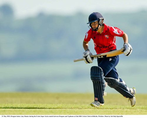 21 May 2023; Dragons batter Amy Hunter during the Evoke Super Series match between Dragons and Typhoons at Oak Hill Cricket Club in Kilbride, Wicklow. Photo by Seb Daly/Sportsfile