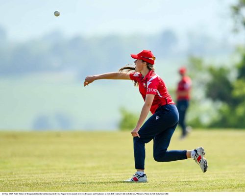 21 May 2023; Aoife Fisher of Dragons fields the ball during the Evoke Super Series match between Dragons and Typhoons at Oak Hill Cricket Club in Kilbride, Wicklow. Photo by Seb Daly/Sportsfile
