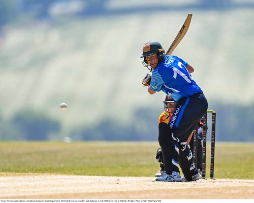 5 June 2023; Georgia Atkinson of Typhoons during the Evoke Super Series 2023 match between Scorchers and Typhoons at Oak Hill Cricket Club in Kilbride, Wicklow. Photo by Tyler Miller/Sportsfile