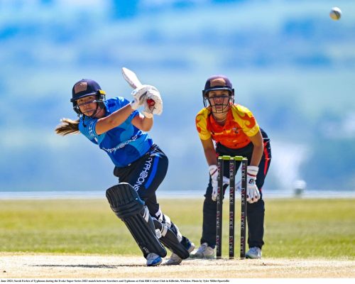 5 June 2023; Sarah Forbes of Typhoons during the Evoke Super Series 2023 match between Scorchers and Typhoons at Oak Hill Cricket Club in Kilbride, Wicklow. Photo by Tyler Miller/Sportsfile