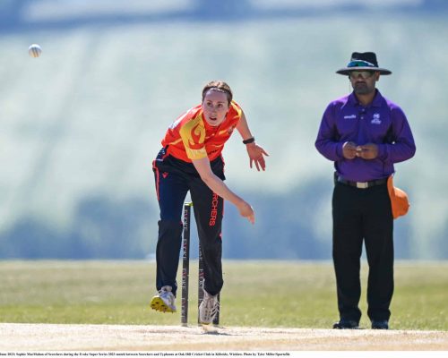 5 June 2023; Sophie MacMahon of Scorchers during the Evoke Super Series 2023 match between Scorchers and Typhoons at Oak Hill Cricket Club in Kilbride, Wicklow. Photo by Tyler Miller/Sportsfile