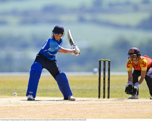 5 June 2023; Sinead Thompson of Typhoons during the Evoke Super Series 2023 match between Scorchers and Typhoons at Oak Hill Cricket Club in Kilbride, Wicklow. Photo by Tyler Miller/Sportsfile