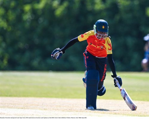 5 June 2023; Mary-Anne Musonda of Scorchers during the Evoke Super Series 2023 match between Scorchers and Typhoons at Oak Hill Cricket Club in Kilbride, Wicklow. Photo by Tyler Miller/Sportsfile