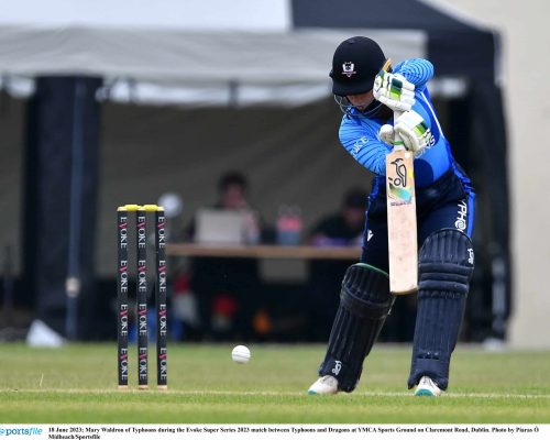 18 June 2023; Mary Waldron of Typhoons during the Evoke Super Series 2023 match between Typhoons and Dragons at YMCA Sports Ground on Claremont Road, Dublin. Photo by Piaras Ó Mídheach/Sportsfile