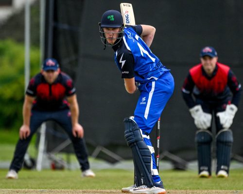 16 May 2023; Harry Tector of Leinster Lightning awaits a delivery during the CI Inter-Provincial Series 2023 match between Leinster Lightning and Northern Knights at Pembroke Cricket Club in Dublin. Photo by Brendan Moran/Sportsfile *** NO REPRODUCTION FEE ***